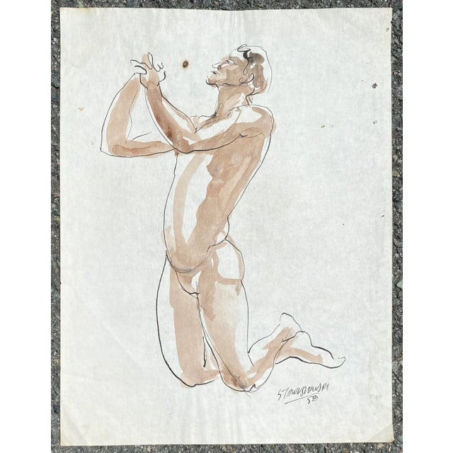 1958 Walter Stawuszewski Begging Małe Nudę Watercolor For Sale - Image 4 of 5