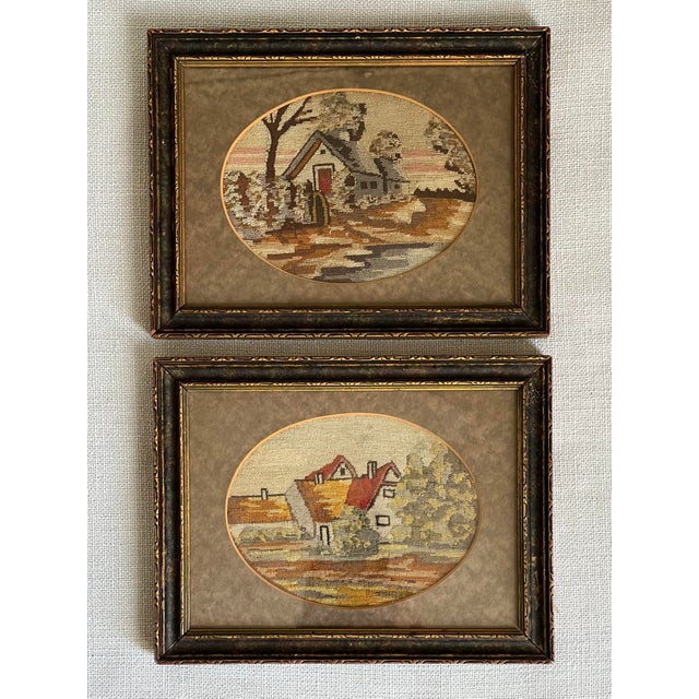 Set of 2 Antique Mini French Petit Point Needlework Framed Art - Cottages For Sale - Image 12 of 12