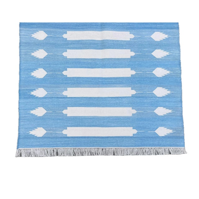 Handmade Cotton Sky Blue and White Striped Runner Rug, Vegetable Dyed Dhurrie Runner -3'x12' For Sale - Image 10 of 10