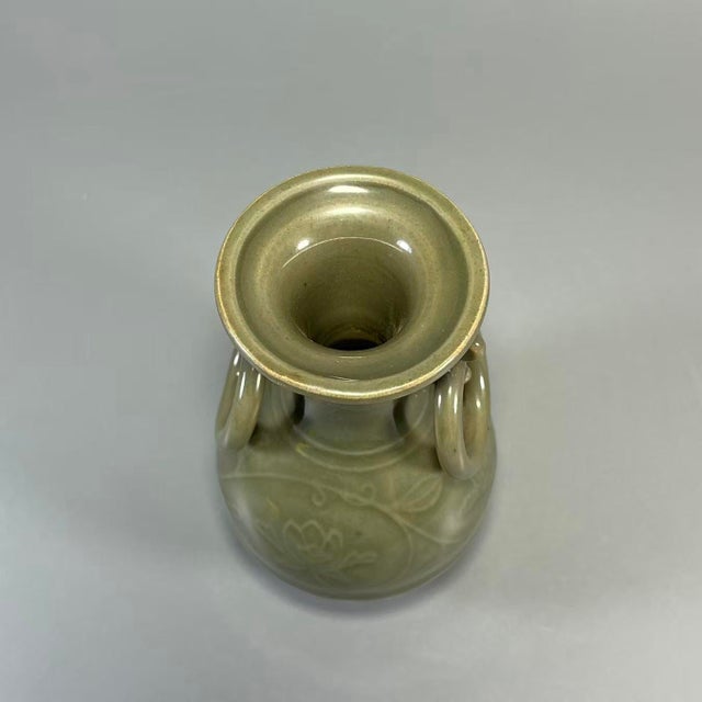 Vintage Chinese Longquan Celadon Decorative Vase With Double Ears Ring, Oriental Classic Art Ceramic For Sale - Image 4 of 6