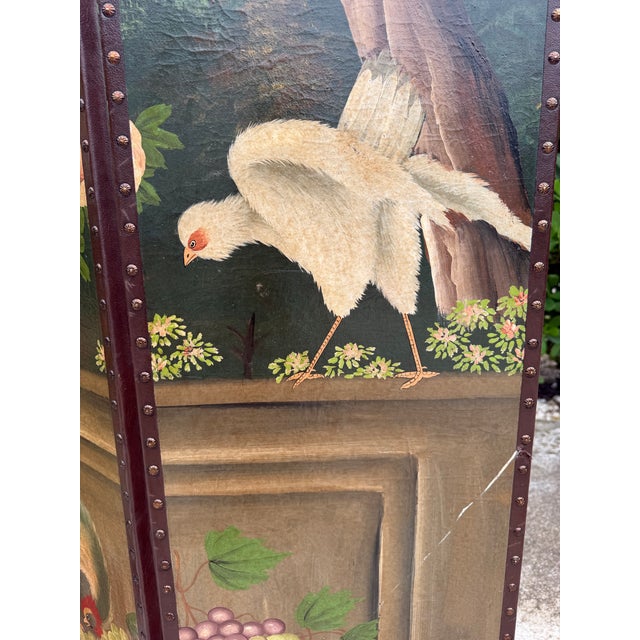 Vintage Hand-Painted Peacock & Landscape Four-Panel Folding Screen For Sale - Image 9 of 16