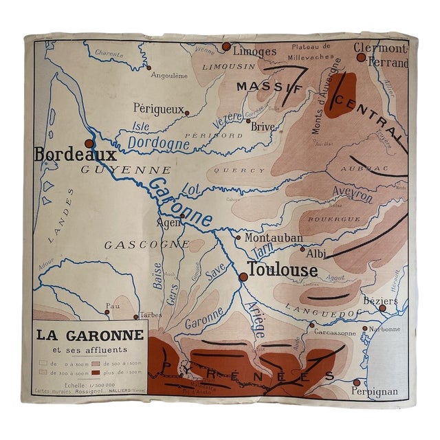 Vintage School Map, The Garonne / the Rhone, 1950s For Sale