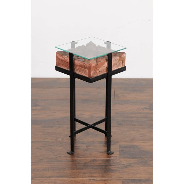 Metal Contemporary Side Table with Antique Italian Red Brick Top and Custom Iron Base For Sale - Image 7 of 9