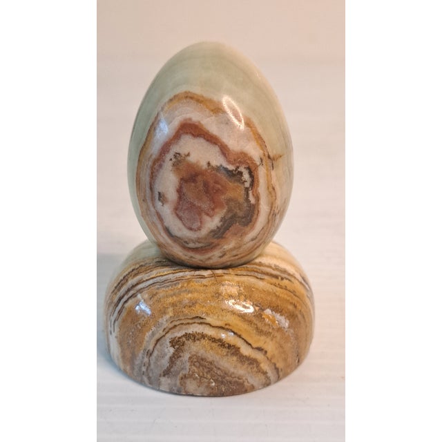 Brown Vintage Carved Soapstone Egg & Rainbow Stone Egg Set of 2 W/ Stands For Sale - Image 8 of 13