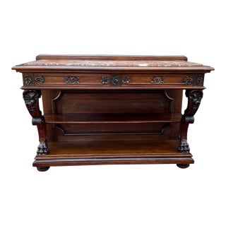 Antique French Gothic Server Sideboard Console Table 2-Tier Walnut Marble Top For Sale
