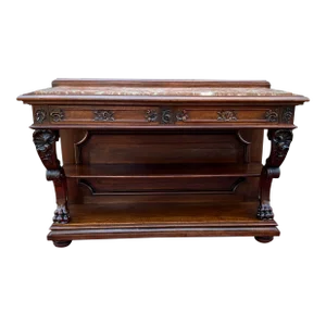 Antique French Gothic Server Sideboard Console Table 2-Tier Walnut Marble Top