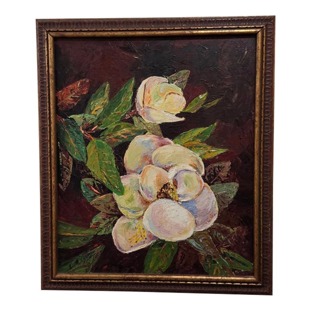 Framed Impressionist Floral Magnolia Still Life Oil Painting Wall Art, Burgundy For Sale