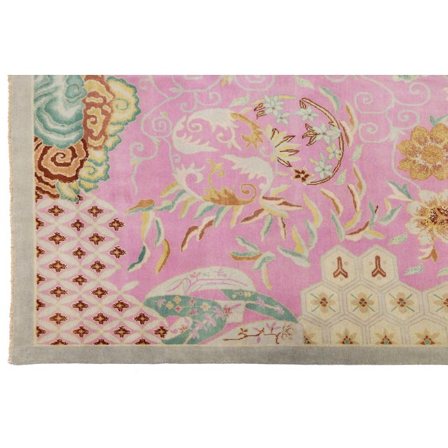 Pink Modern Art Deco Style Handmade Wool Rug in Pink With Floral Design For Sale - Image 8 of 11