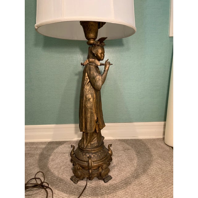 Vintage Figural Brass Lamp With Drum Shade For Sale - Image 4 of 12