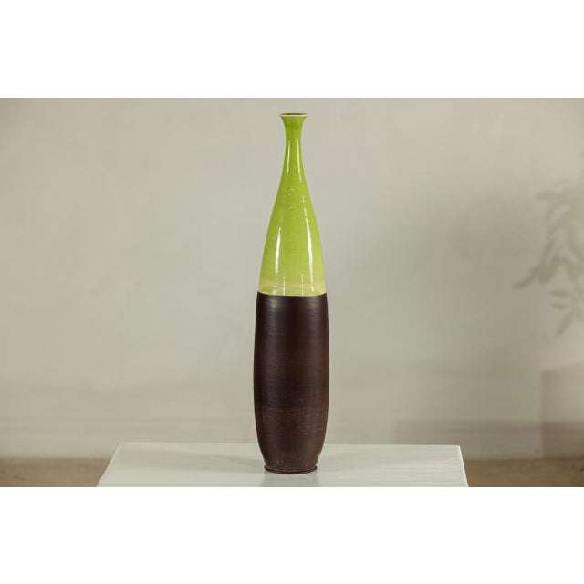 Tall Artisan Ceramic Vase with Glossy Green and Matte Brown Glaze For Sale - Image 11 of 18
