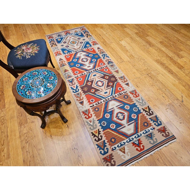 Vintage Turkish Tribal Kilim Runner, Handwoven Wool, Geometric Caucasian Pattern, Blue & Red, 3x8 For Sale - Image 9 of 17
