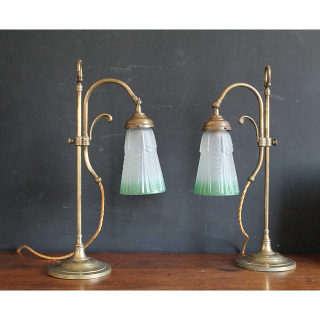 Metal Edwardian Style Brass Rise and Fall Table Lamps with Shades, 1970s, Set of 2 For Sale - Image 7 of 11