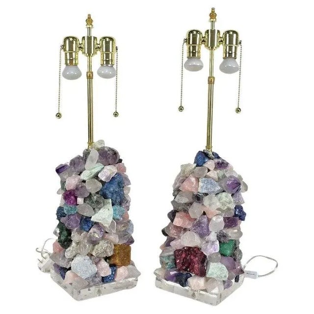 Specimen Mineral Brass and Lucite Table Lamps - A Pair For Sale - Image 13 of 13