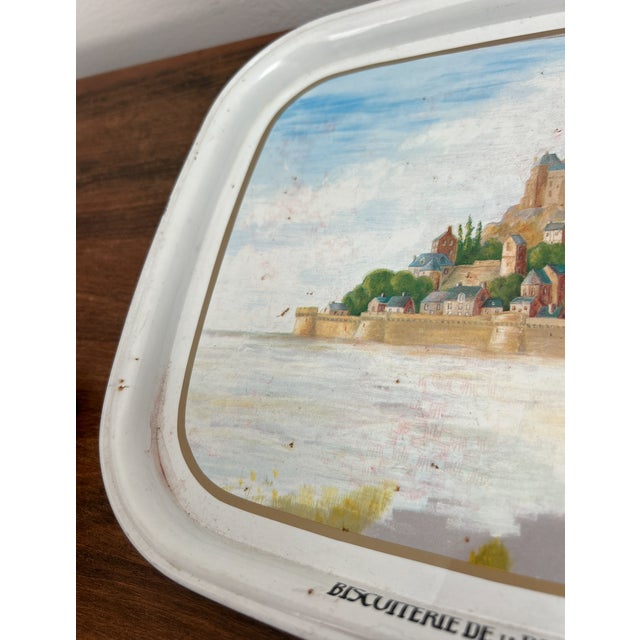 1980s Collectible Metal Serving Tray / French Advertising Tin La Biscuiterie De La Baie Du Mont Saint Michel For Sale - Image 9 of 16