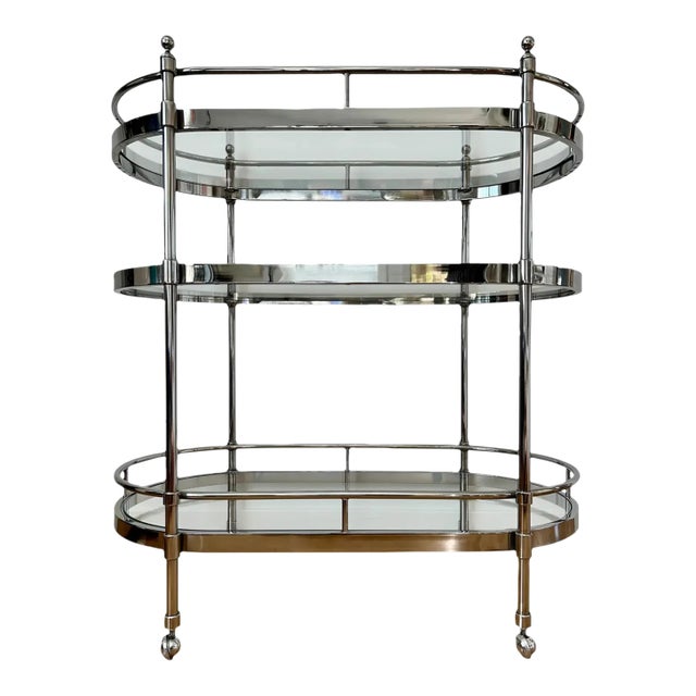 Hollywood Regency Style Chrome 3-Tiered Oval Trolley For Sale