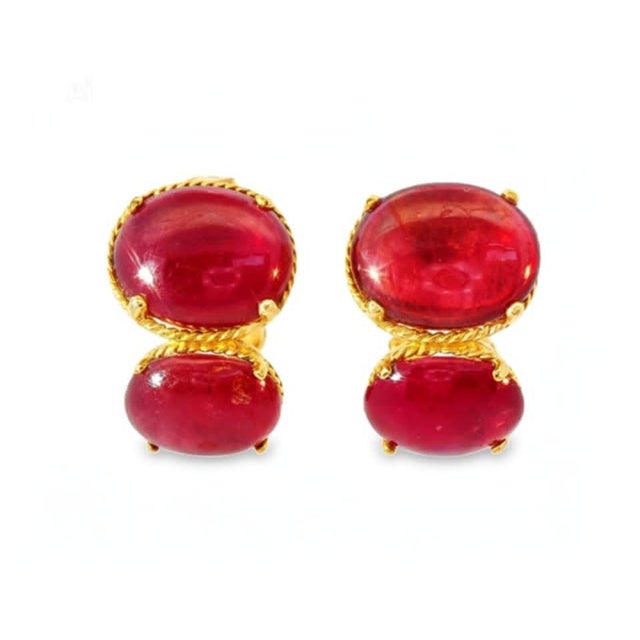 Mid 20th Century 14k Yellow Gold Cabochon Ruby Earrings Designer Estate, Pair For Sale - Image 4 of 4