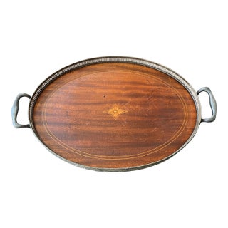 1800s Meriden Britannia Co. Mahogany Butler's Tray With Inlay For Sale