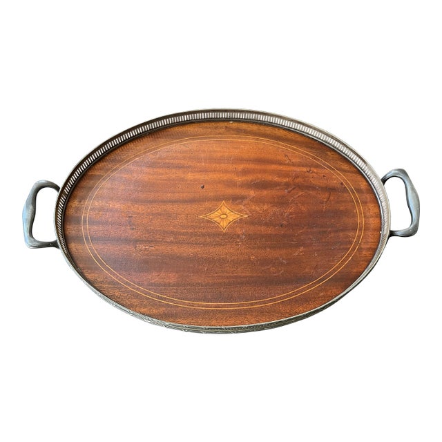 1800s Meriden Britannia Co. Mahogany Butler's Tray With Inlay For Sale
