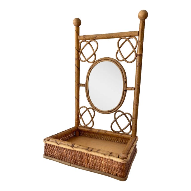 Mid-Century Tortoise Rattan Tabletop Mirror With Shelf For Sale