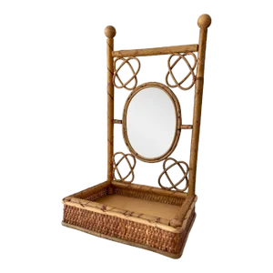 Mid-Century Tortoise Rattan Tabletop Mirror With Shelf