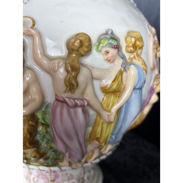 Vintage Italian Capodimonte Porcelain Table Lamp With Custom Fringe Shade - Mythological Bas Relief For Sale - Image 4 of 13