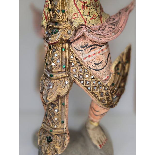 Figurative Extremely Rare Antique Thai Temple Guardian: Perfect Palette, Sacred Symbolism, 24.5" Hand-Caved Statue For Sale - Image 3 of 6