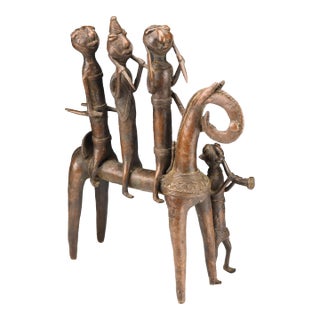 Large African Bronze Sao Kotoko Horse and Riders With Attendant Sculpture For Sale