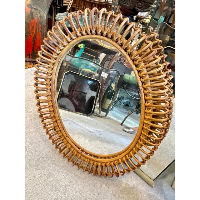 1970s Italian Rattan & Bamboo Oval Wall Mirror, 1970s For Sale - Image 5 of 11