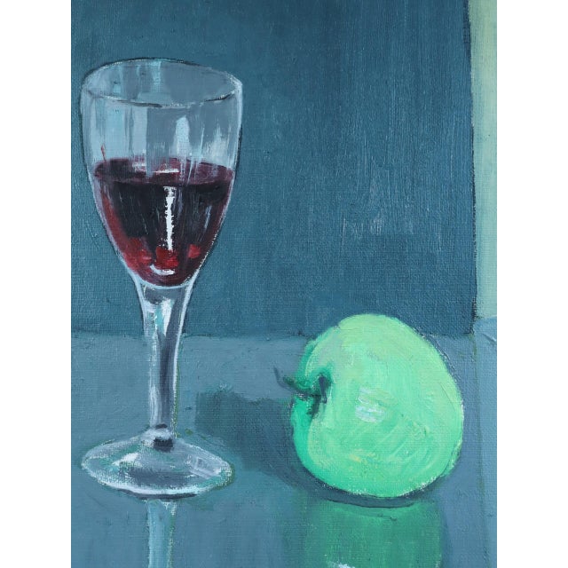 Mid-Century Modern 'Green Apple With Glasses' Vintage Original Still Life Oil Painting, Framed For Sale - Image 9 of 12