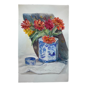 1980’s Original Impressionist Still Life Watercolor Painting With Blue & White Pot With Flowers