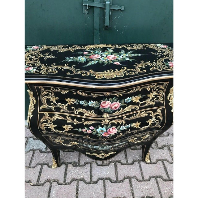 Black 1950s French Louis XVI Black Floral Beech Commode Chest For Sale - Image 8 of 10
