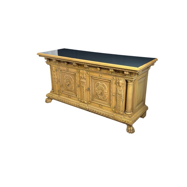 1950s Antique Renaissance Revival Carved Oak Credenza, 1950s For Sale - Image 5 of 18