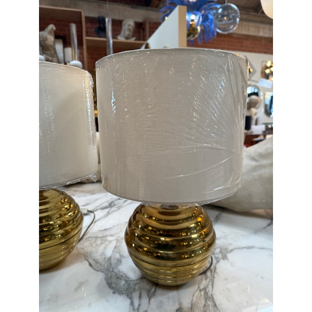 1970s 1970s Brass Ribbed Base Table Lamps With Drum Shades - a Pair For Sale - Image 5 of 7