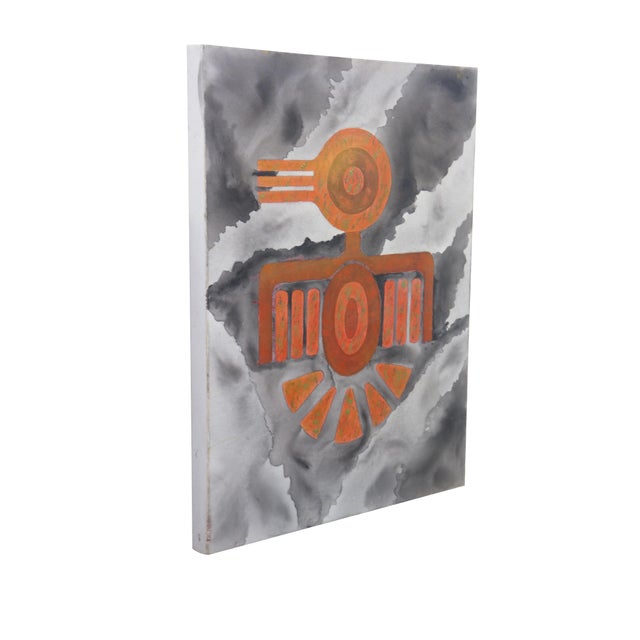 This striking original modern abstract oil on canvas painting features a bold, graphic focal emblem inspired by indigenous...