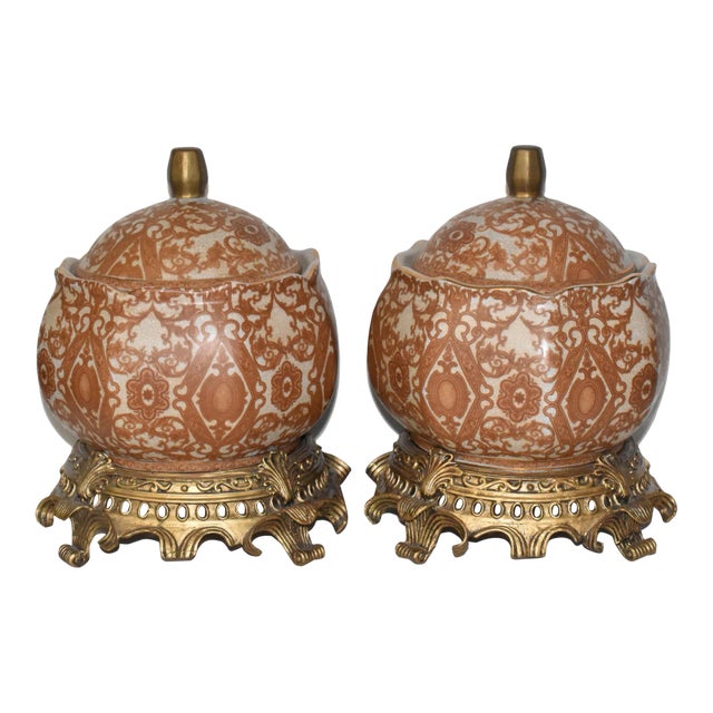 Pair Mid 20th Century Asian Crackle Glaze Porcelain Ginger Jars on Brass Bases Floral Motif For Sale