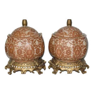 Pair Mid 20th Century Asian Crackle Glaze Porcelain Ginger Jars on Brass Bases Floral Motif
