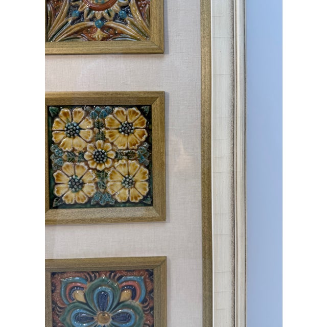 Late 19th–early 20th Century, Three Colorful Antique French Majolica Tiles, Newly Framed With Linen Mat For Sale - Image 10 of 12