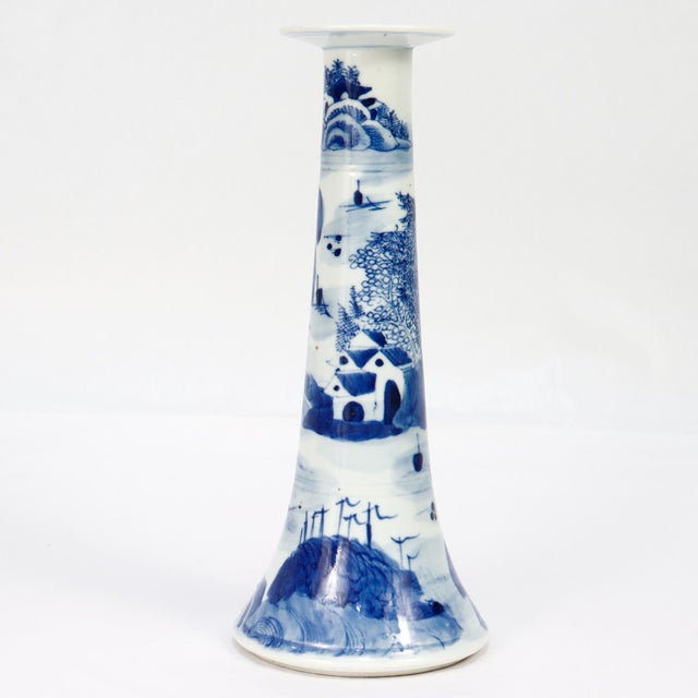 Set of 4 Chinese Export Blue & White Canton Porcelain Candlesticks For Sale - Image 14 of 18