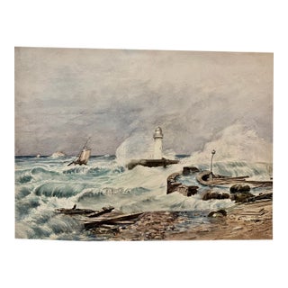 Early 20th Century Attributed to Frank Henry Mason British Lighthouse Storm Seascape Watercolor For Sale