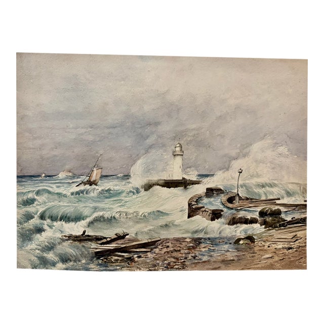 Early 20th Century Attributed to Frank Henry Mason British Lighthouse Storm Seascape Watercolor For Sale