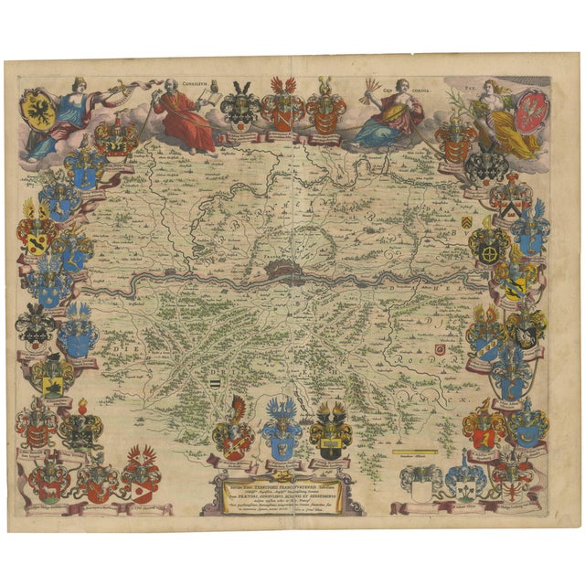 Engraved Map of Frankfurt with Decorative Coats of Arms from Blaeus, 1663 For Sale