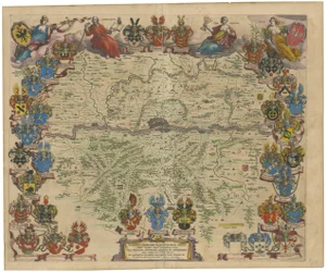Engraved Map of Frankfurt with Decorative Coats of Arms from Blaeus, 1663