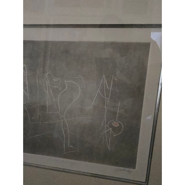 A fine vintage original abstract etching in a contemporary Italian Larson Juhl silver leaf frame . Triple signed on the...