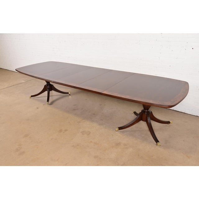 John Widdicomb John Widdicomb Georgian Banded Mahogany Double Pedestal Extension Dining Table, Newly Refinished For Sale - Image 4 of 14
