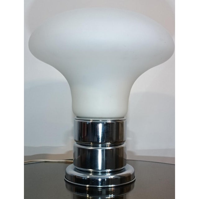 Exquisite mushroom-shaped designer table lamp. Italy, 1970s. Important and magnificent tulip shade in white opaline Murano...