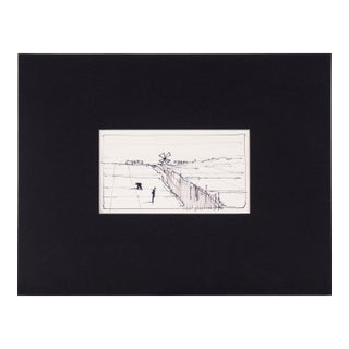 Tending the Fields - Windmill - Line Drawing Landscape in Ink on Paper by Laurence Sisson For Sale