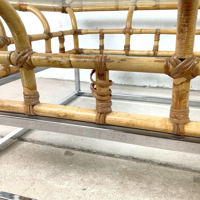 1970s Hollywood Regency Bamboo and Chrome Square Glass Coffee Table For Sale - Image 17 of 18