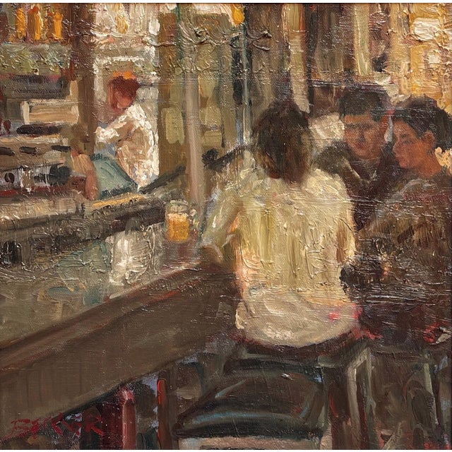 View to the Kitchen by Jim Beckner | Oil on Canvas Scene of people in a kitchen setting For Sale