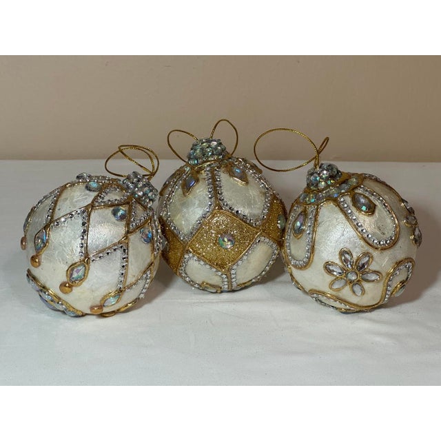 Set of 3 Iridescent Faux Gem Encrusted Ivory & Gold Capiz Shell Christmas Holiday Ornaments. Three different coordinating...