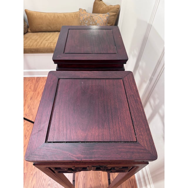 Vintage Monumental Asian Ming Style Solid Rosewood Plant Stands, a Pair For Sale - Image 11 of 14